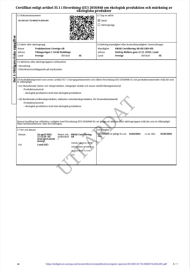 SMAK-certifikat för Frukkuriren