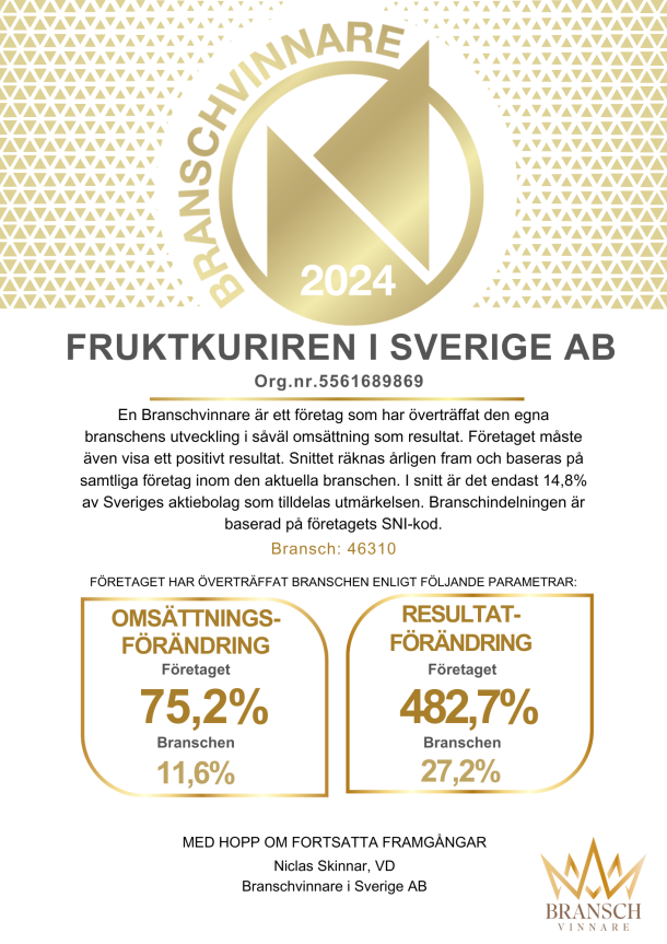 Branschvinnare Fruktkuriren i Sverige AB